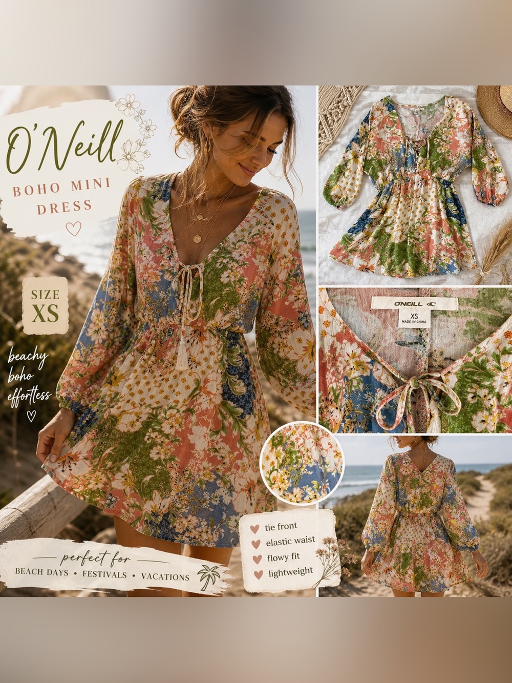 O'Neill Boho Floral Tie-Front Mini Dress in Pink, Green & Blue